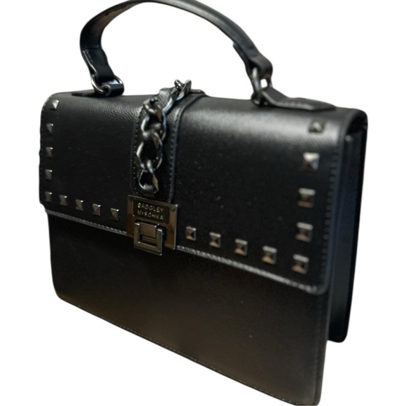 Badgley Mischka Black Dark Metal Studded Satchel Purse - Picture 2 of 14